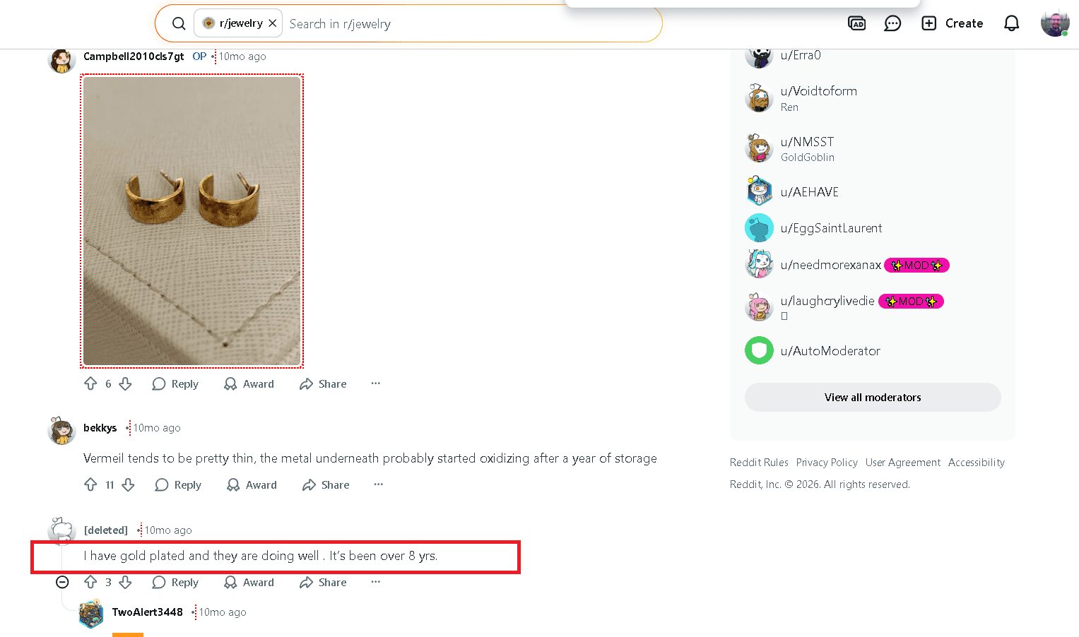 Short lasting 14k gold vermeil example