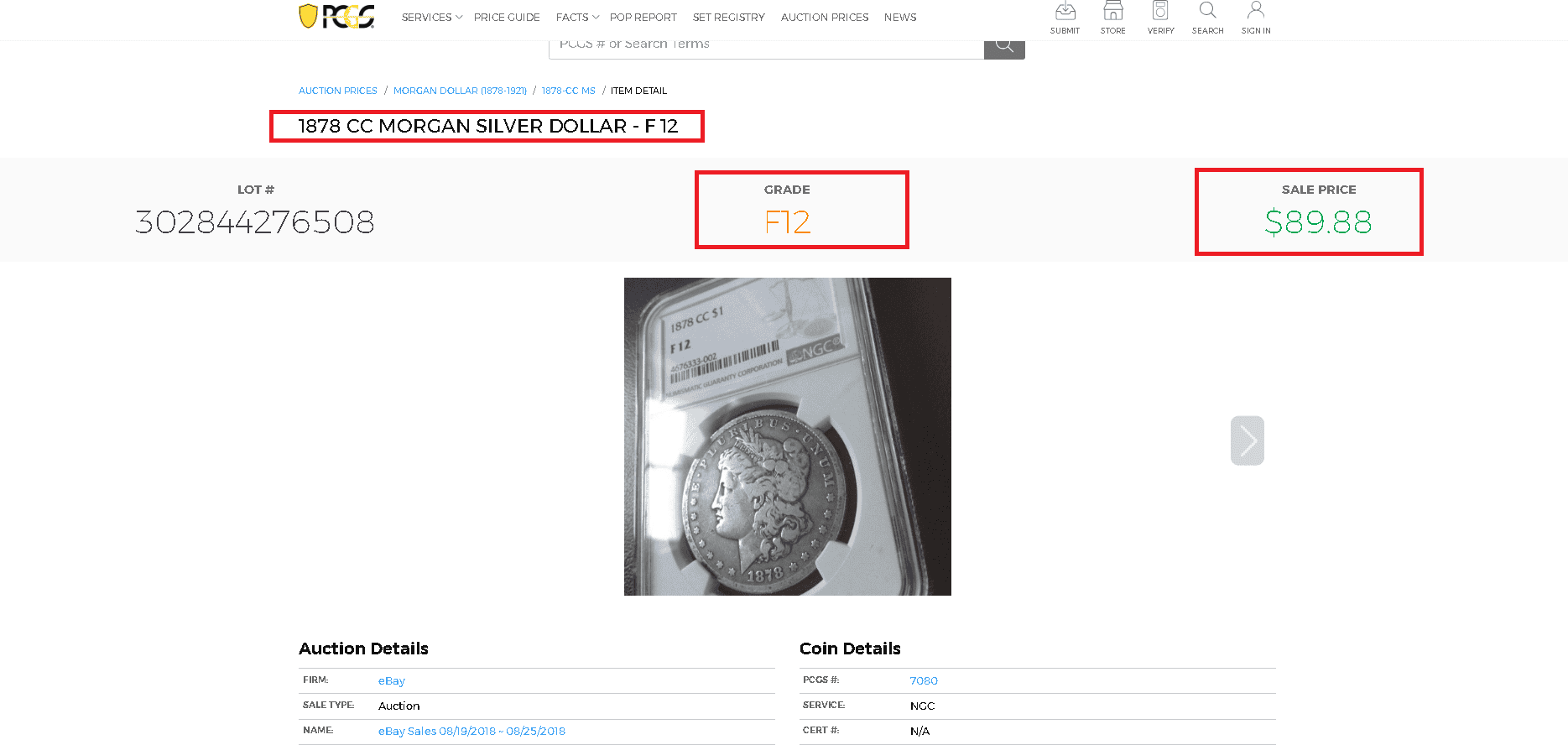 1878 CC Morgan Silver Dollar F12 value and auction worth example
