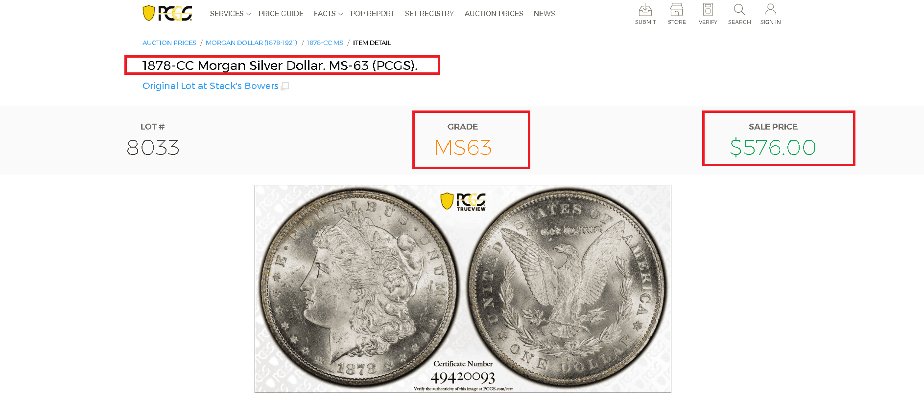 1878 CC Morgan Silver Dollar MS63 value and auction worth example