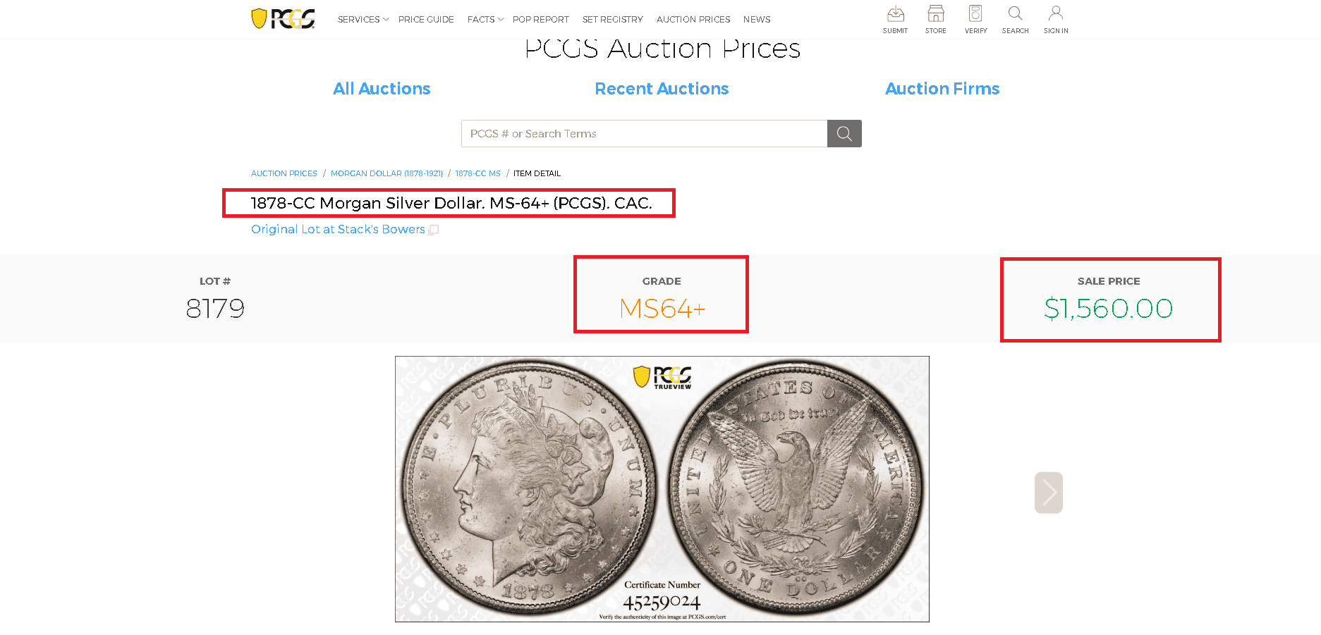 1878 CC Morgan Silver Dollar MS64 value and auction worth example