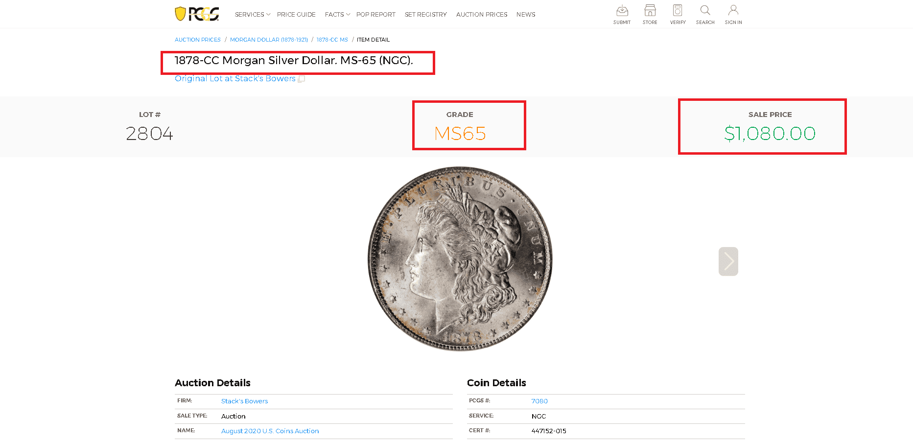 1878 CC Morgan Silver Dollar MS65 value and auction worth example