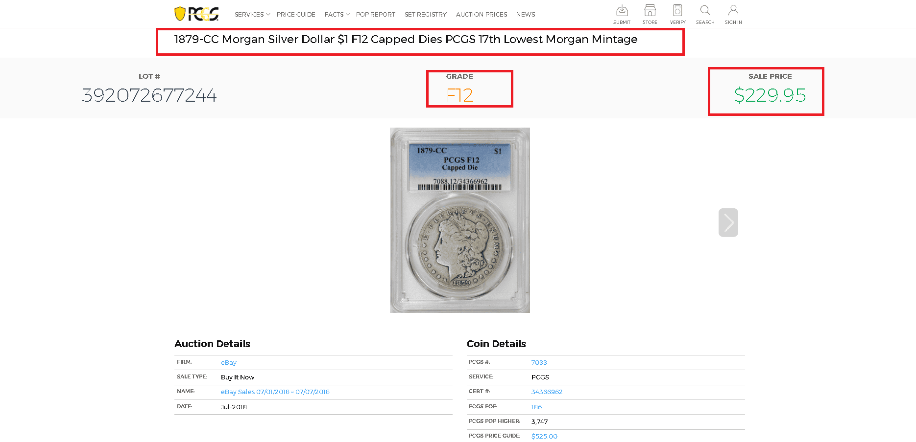 An example of an 1879-CC Morgan Silver Dollar value and worth at an auction An example of an 1879-CC Morgan Silver Dollar value and worth at an auction