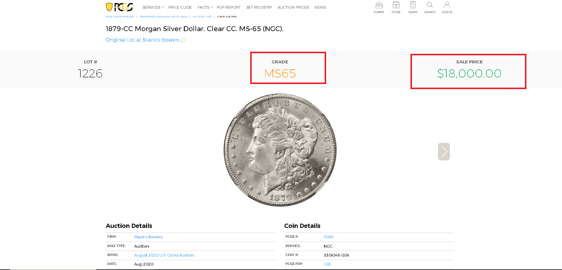 An example of an 1879-CC Morgan Silver Dollar value and worth at an auction An example of an 1879-CC Morgan Silver Dollar value and worth at an auction