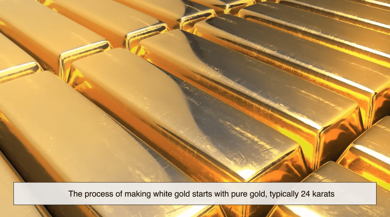 First, the jeweler gets pure, melted 24k gold to include in the white gold alloy First, the jeweler gets pure, melted 24k gold to include in the white gold alloy