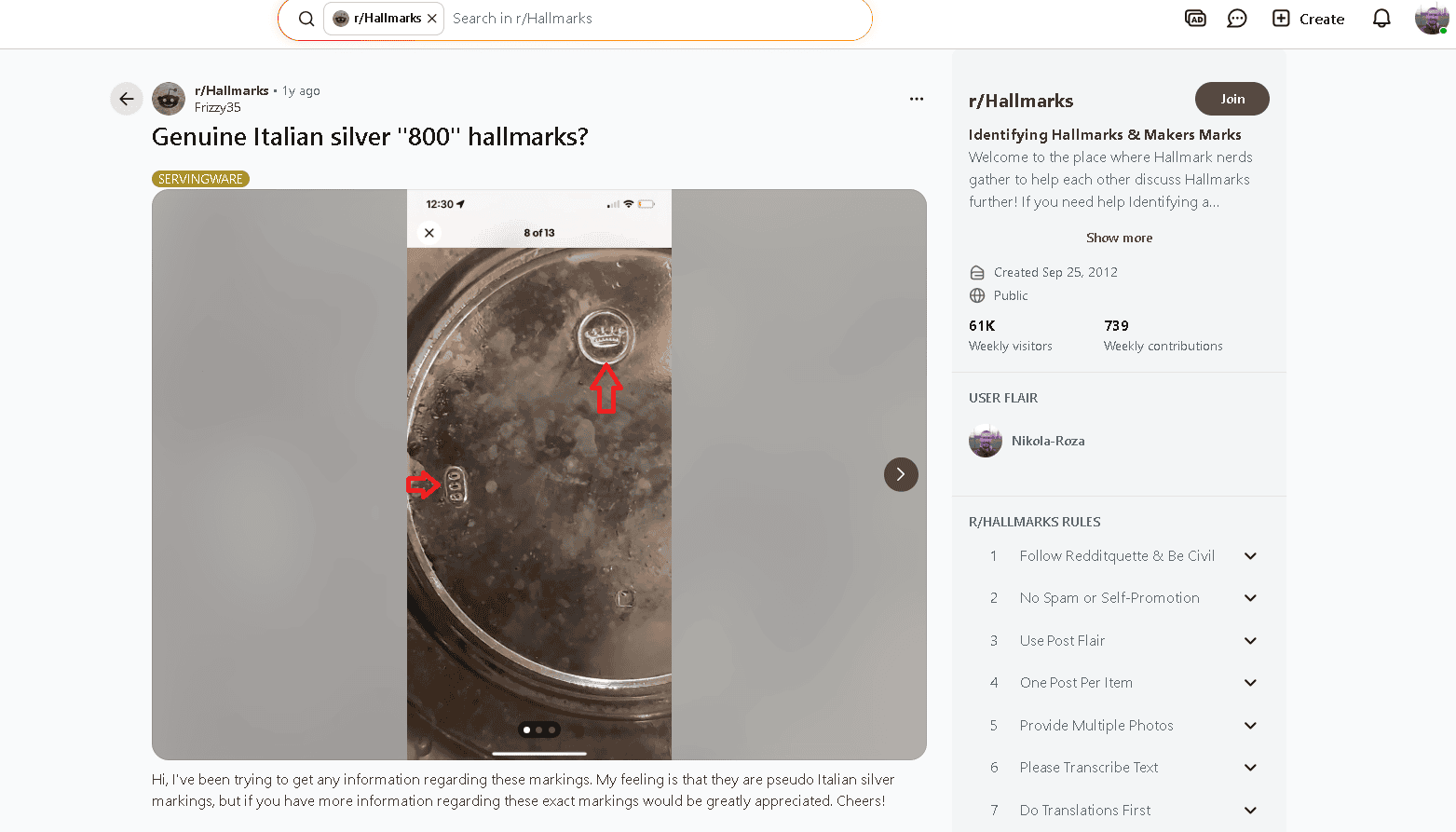 Italian 800 silver with a stylized crown hallmark