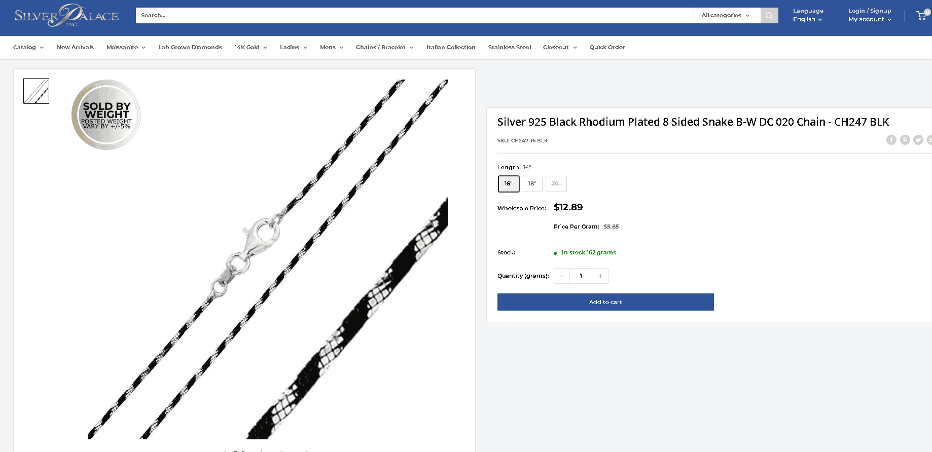 Black rhodium plated sterling silver jewelry example 2- Silver 925 Black Rhodium Plated 8 Sided Snake B-W DC 020 Chain - CH247 BLK