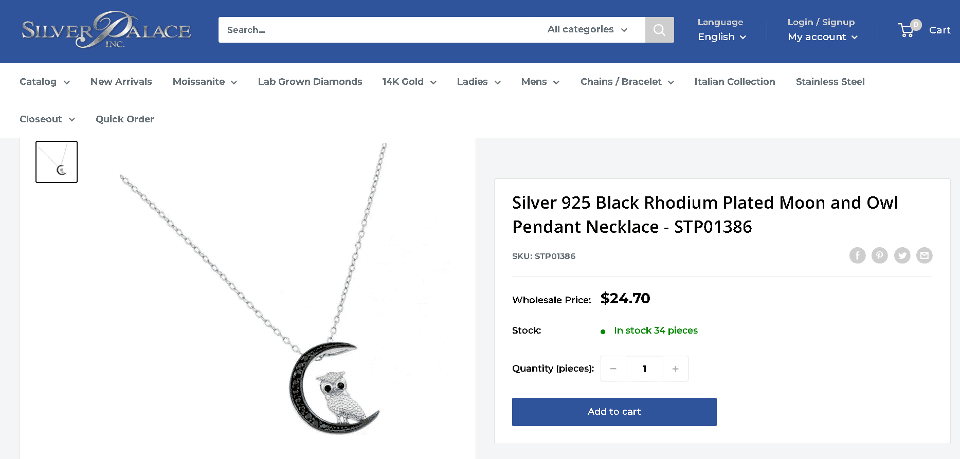 Black rhodium plated sterling silver jewelry example 1-Silver 925 Black Rhodium Plated Moon and Owl Pendant Necklace - STP01386
