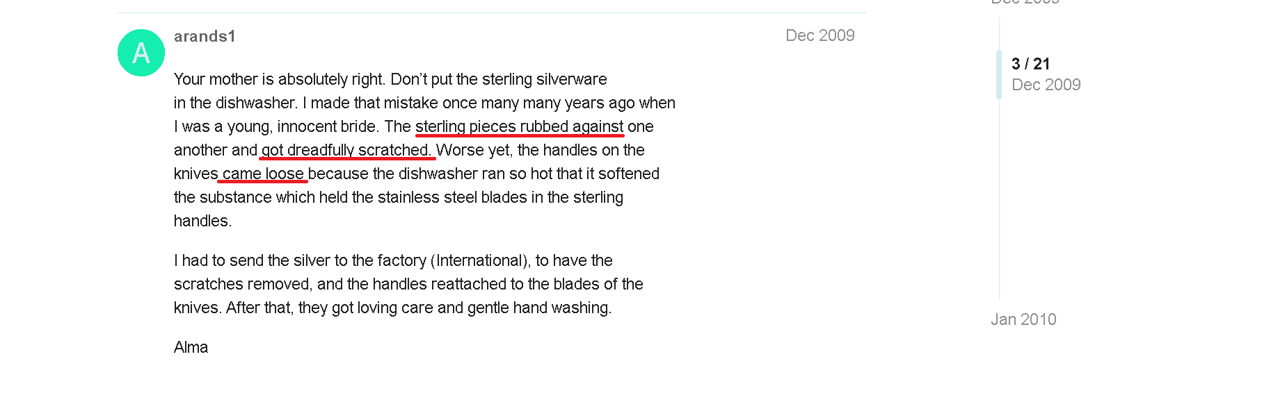 An example of ruined sterling silver flatware that was put in a dishwasher for a quick wash.