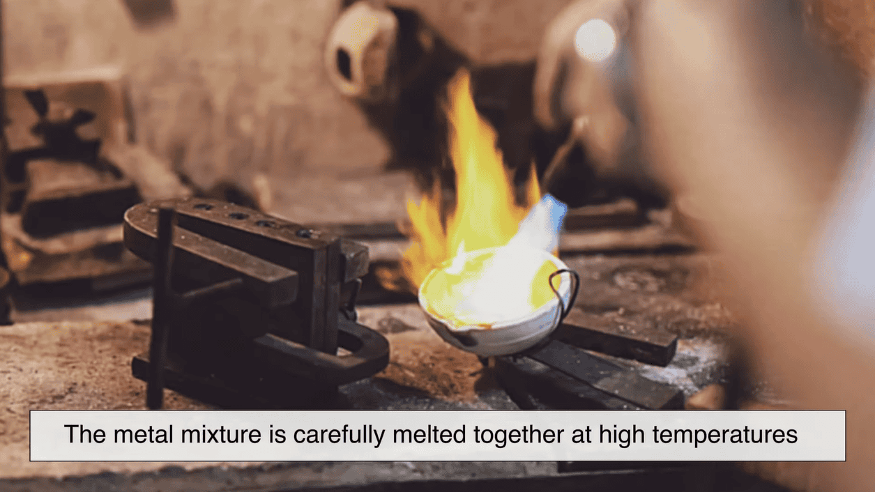 Fourth step is heating and melting all the metals together in a furnace at very high temperatures (over 1,900°F or 1,040°C). Fourth step is heating and melting all the metals together in a furnace at very high temperatures (over 1,900°F or 1,040°C).