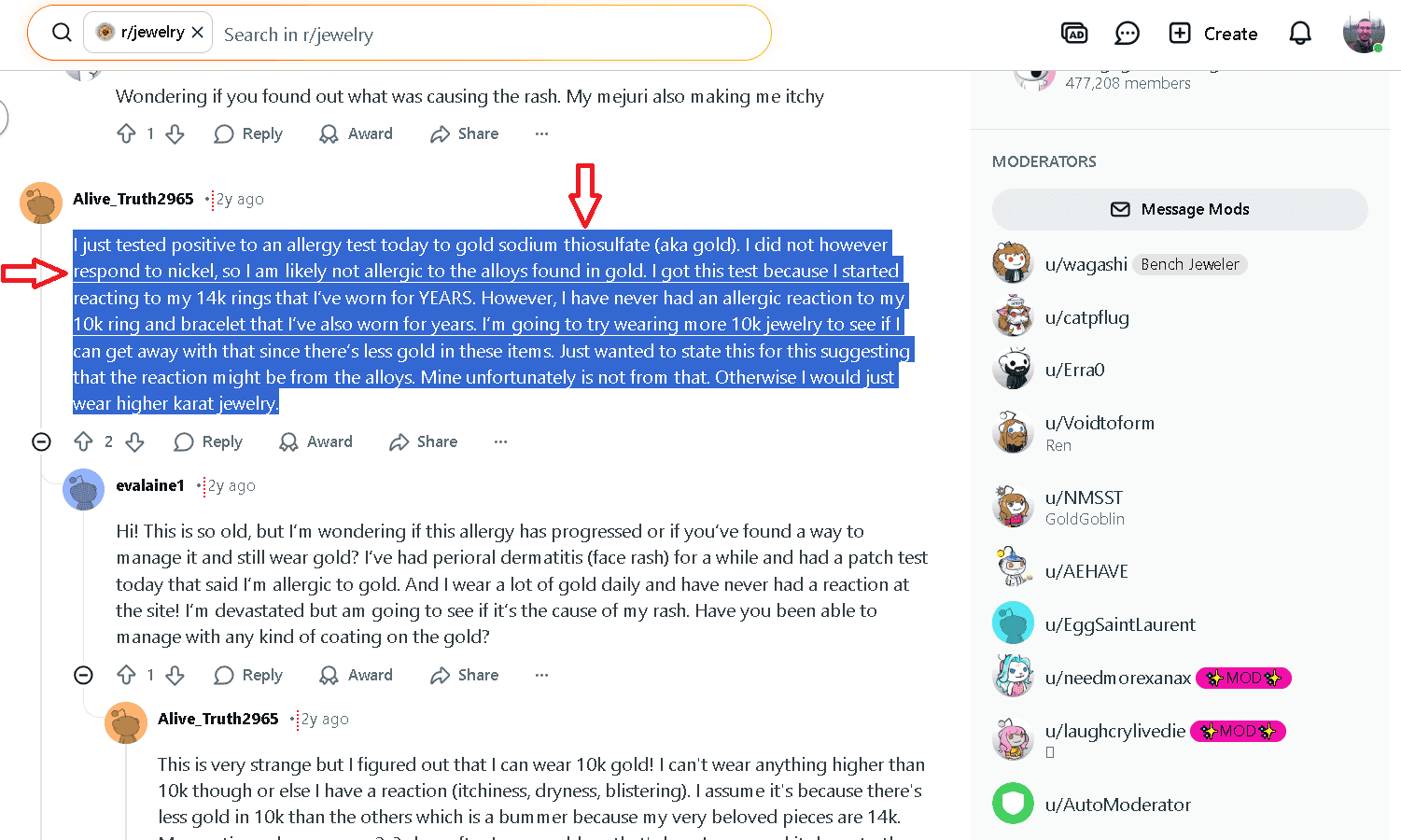 An example of someone with gold allergy and nickel immunity