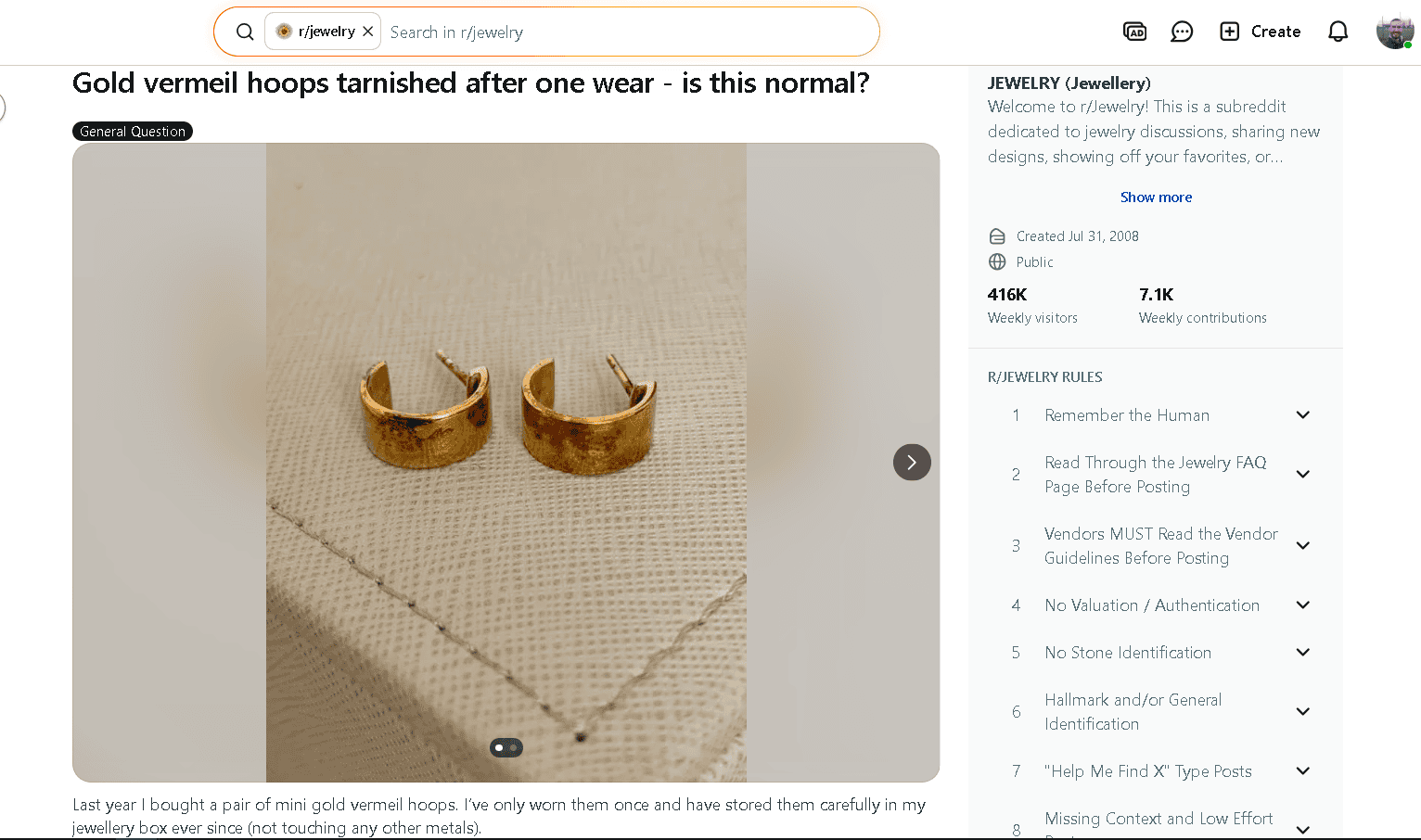 An example of greenish tint on 14k gold vermeil mini hoops.