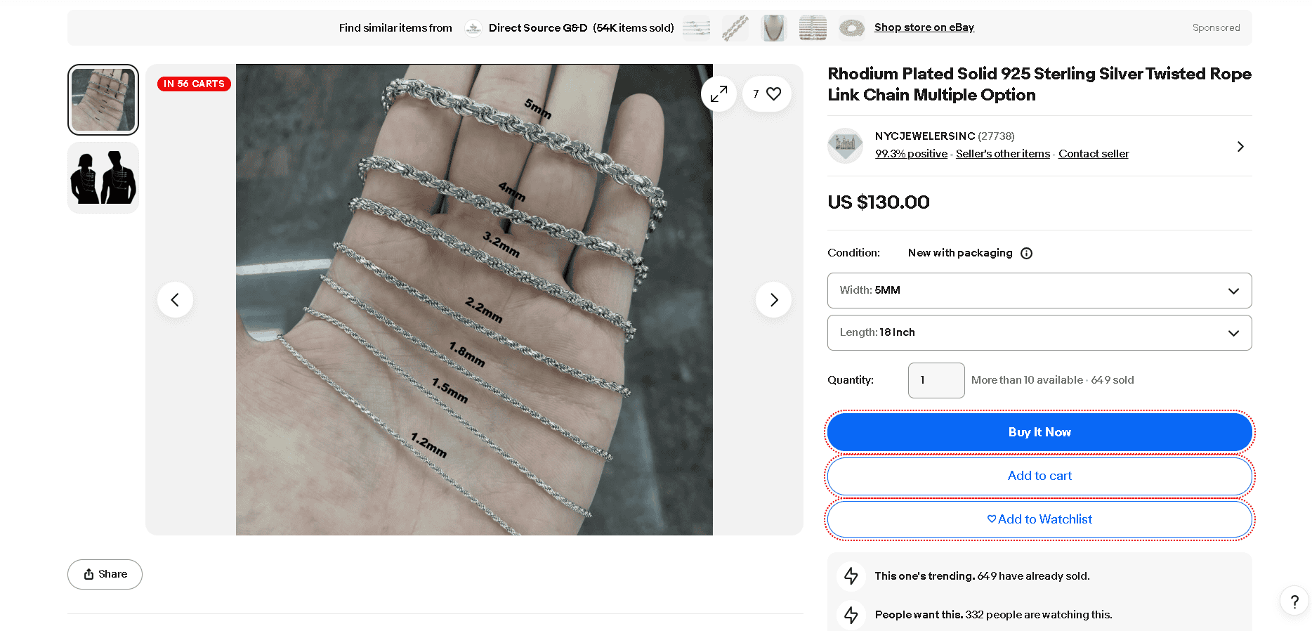 Rhodium-plated sterling silver jewelry example 2- Rhodium Plated Solid 925 Sterling Silver Twisted Rope Link Chain Multiple Option