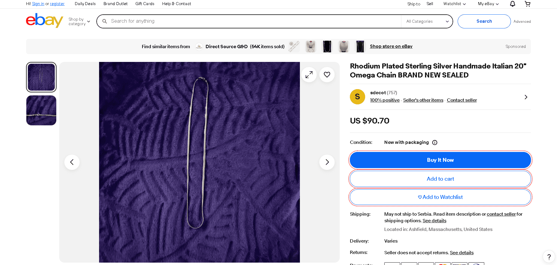 Rhodium-plated sterling silver jewelry example 3- Rhodium Plated Sterling Silver Handmade Italian 20" Omega Chain BRAND NEW SEALED