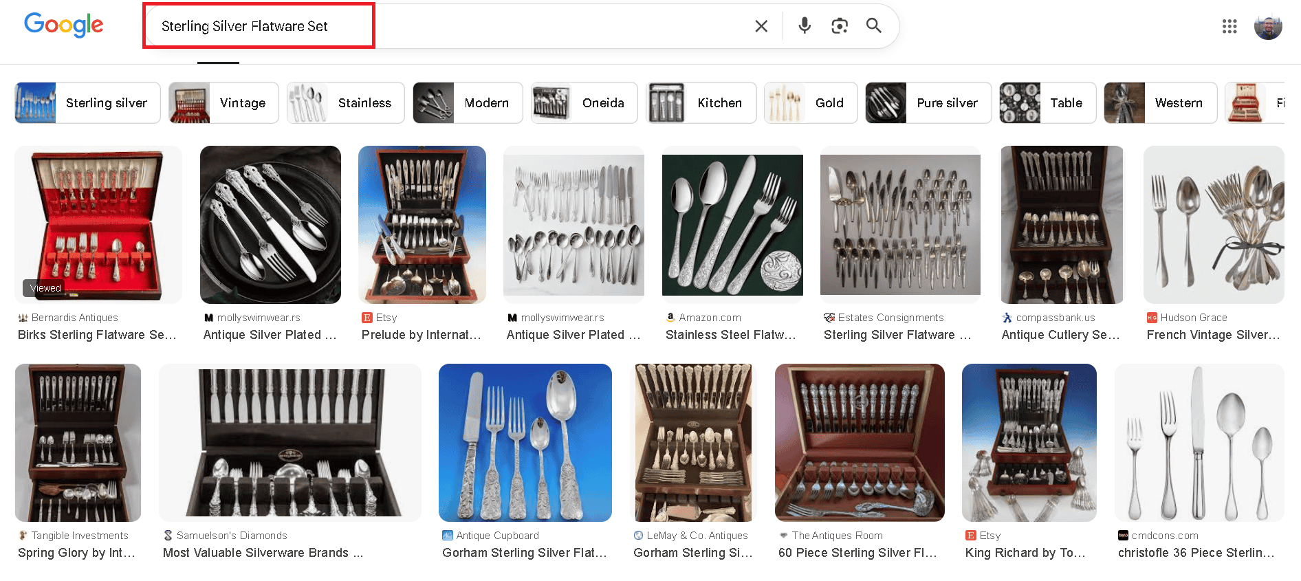 Different sterling silver flatware sets