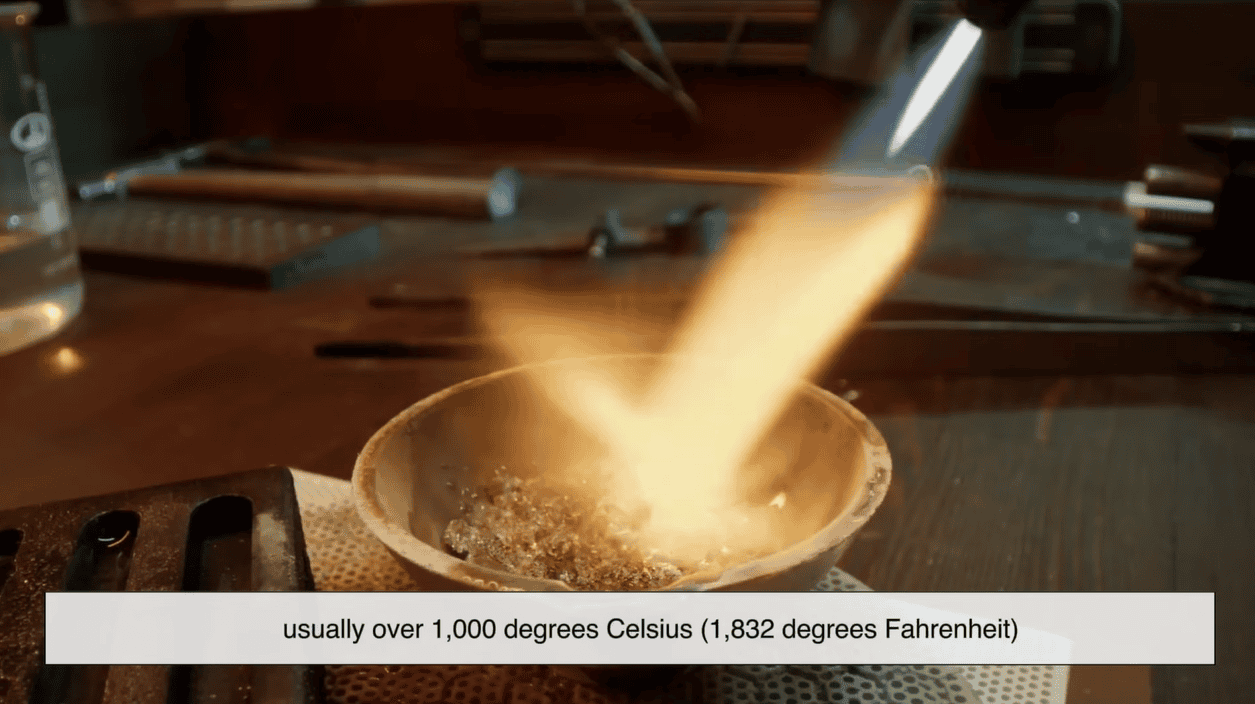 Third, the metals are alloyed at extremely high temperatures (around 1,945°F / 1,063°C for gold) in a crucible. Third, the metals are alloyed at extremely high temperatures (around 1,945°F / 1,063°C for gold) in a crucible.