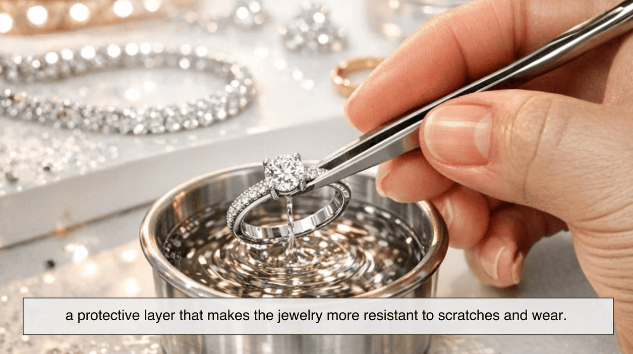 Fifth and final step is adding rhodium plating to the nearly-finished white gold jewelry item. Fifth and final step is adding rhodium plating to the nearly-finished white gold jewelry item