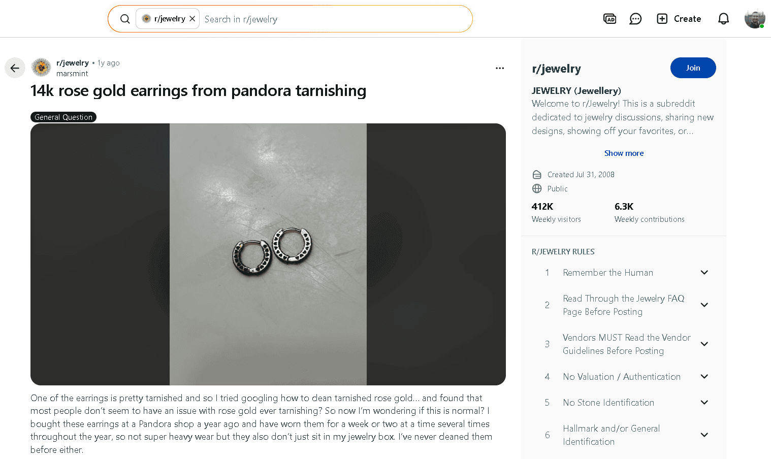 14k rose gold tarnish example