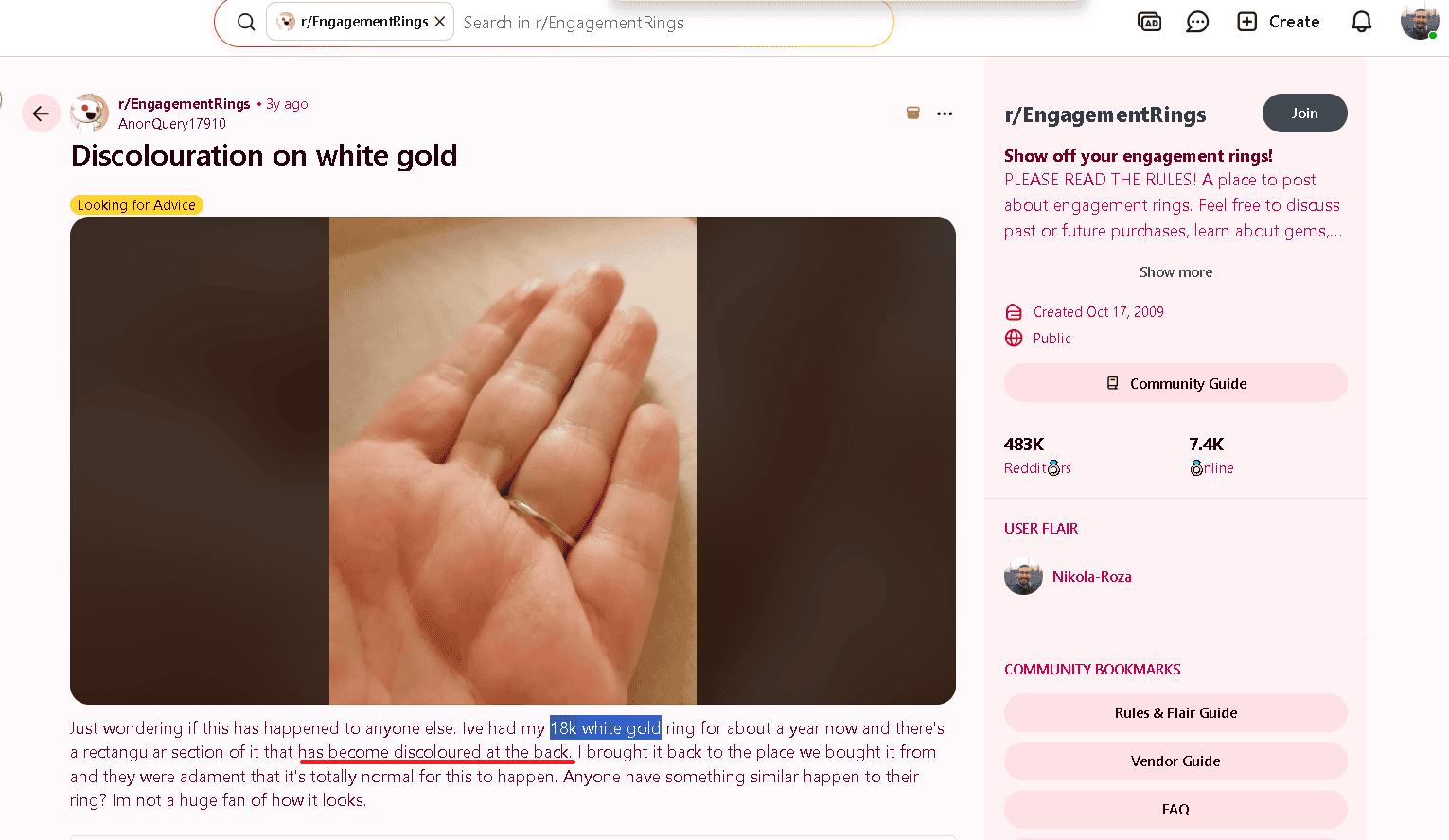 18k white gold tarnished ring