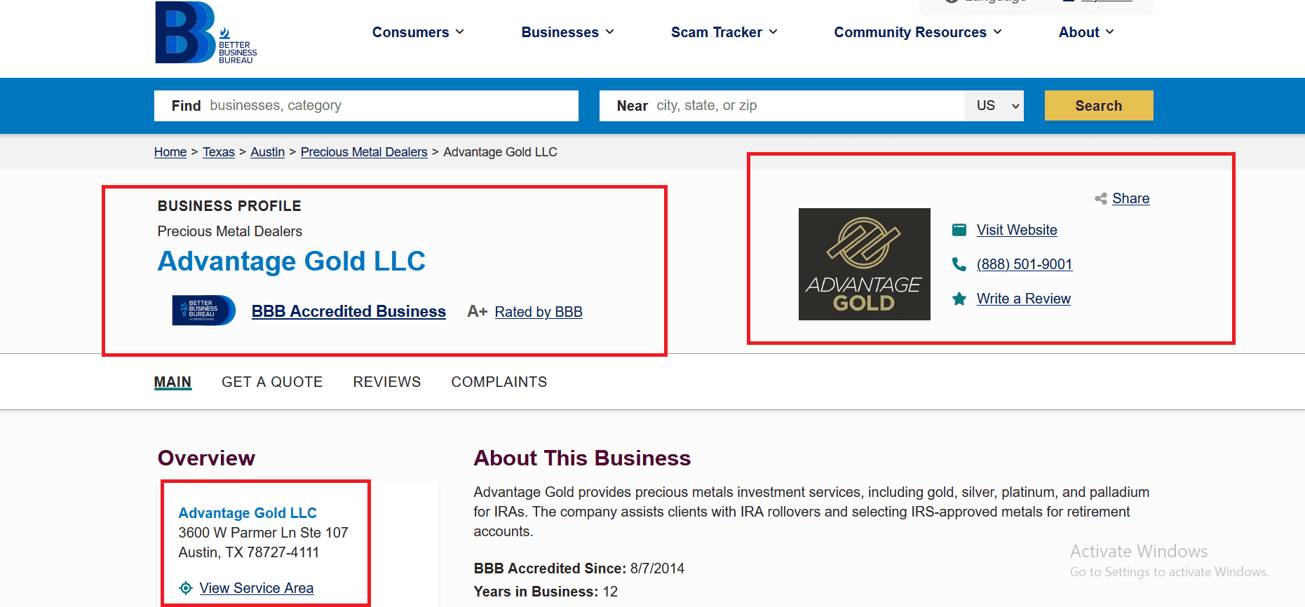 Advantage Gold BBB profile.