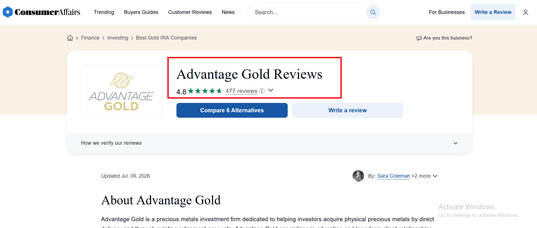 Advantage Gold's ConsumerAffairs profile and customer reviews.