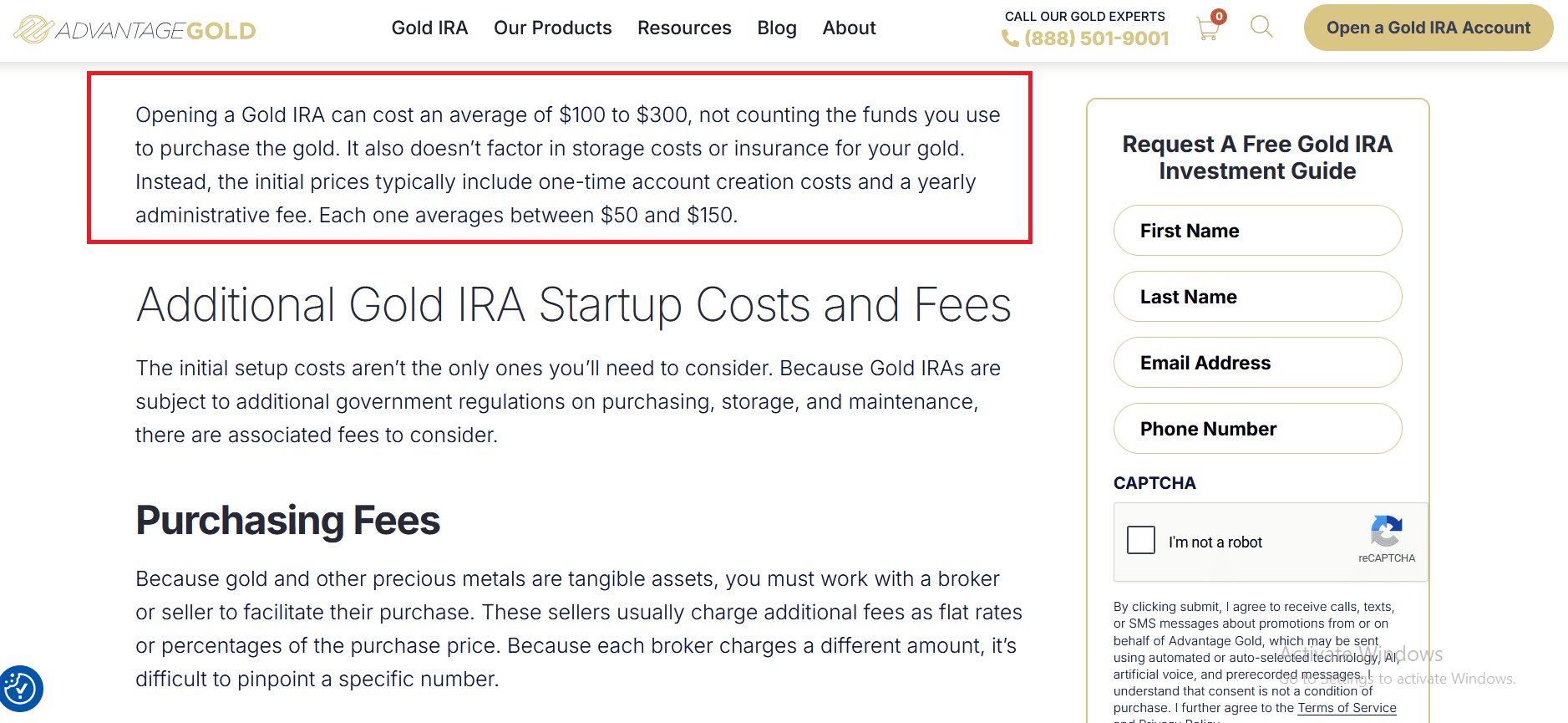 Advantage Gold fees and pricing structure.