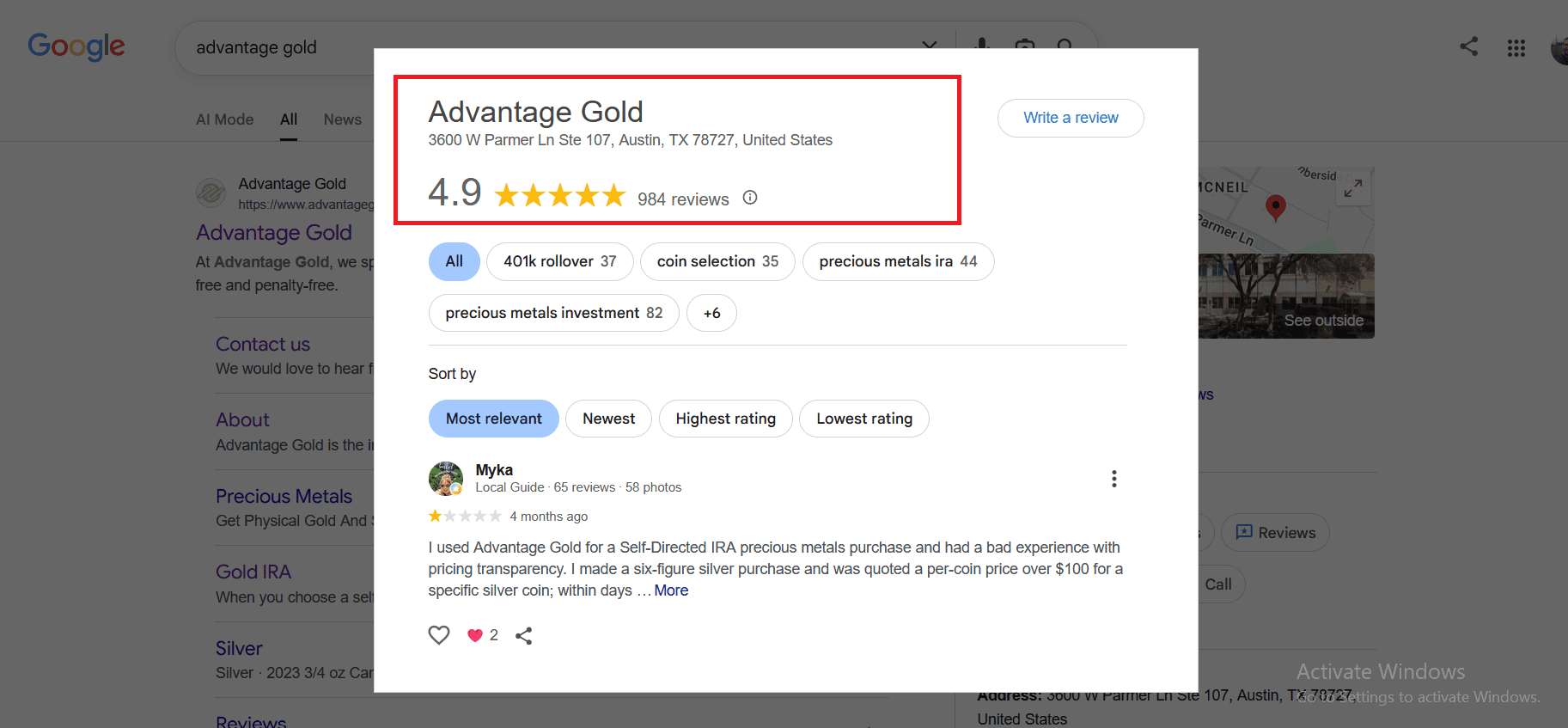 Advantage Gold's Google Business profile and customer reviews/ratings.