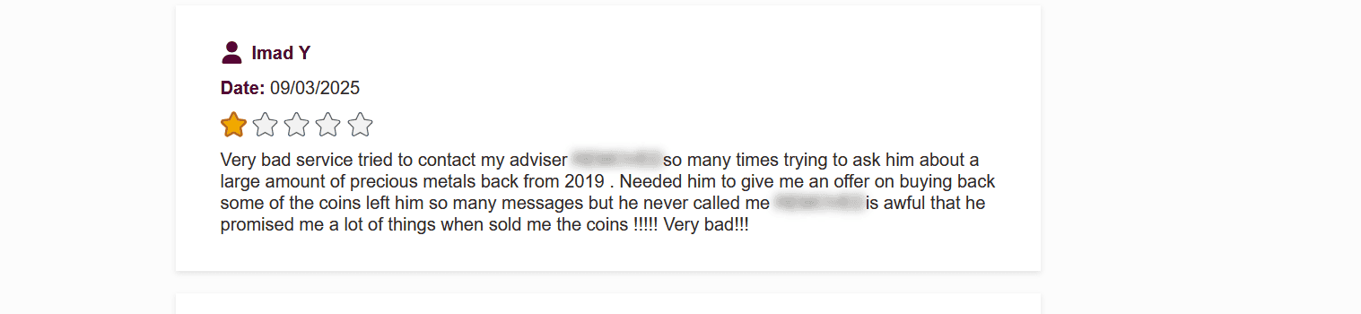 Advantage Gold complaint and negative review about the company's poor customer service.
