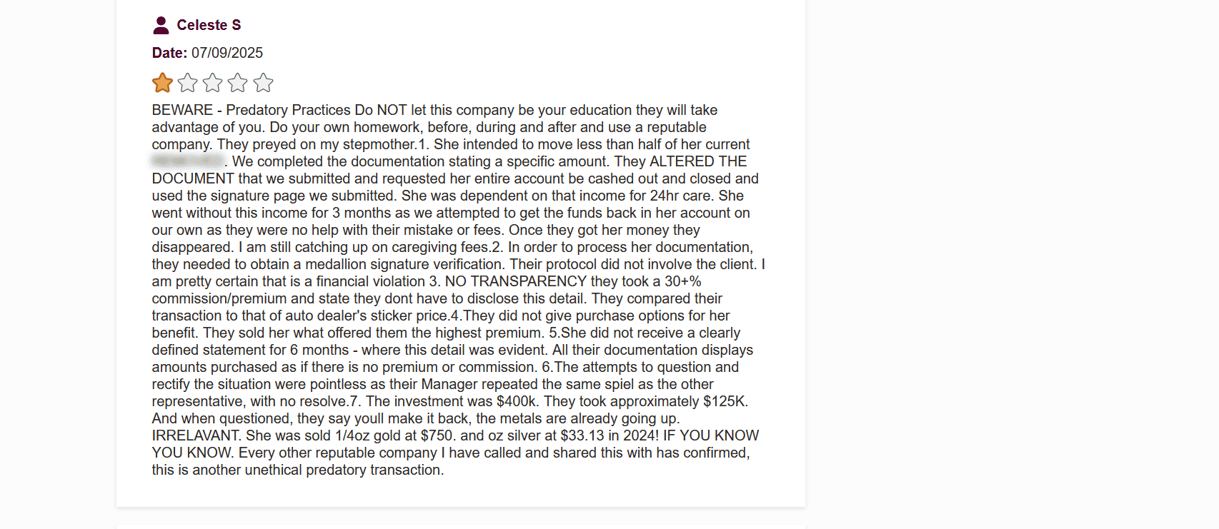 Advantage Gold complaint and negative review about the company's unethical business practice.