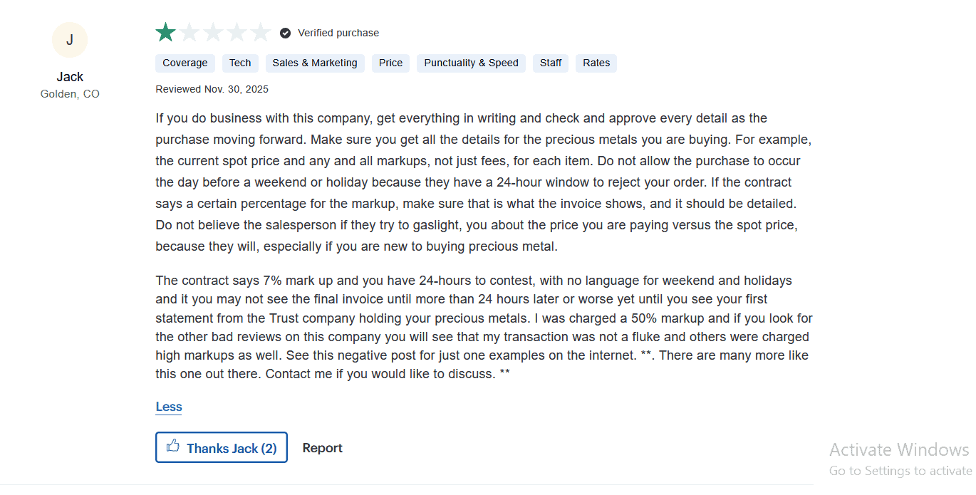Advantage Gold complaint and negative review about the company's unethical business practice and high product markups.