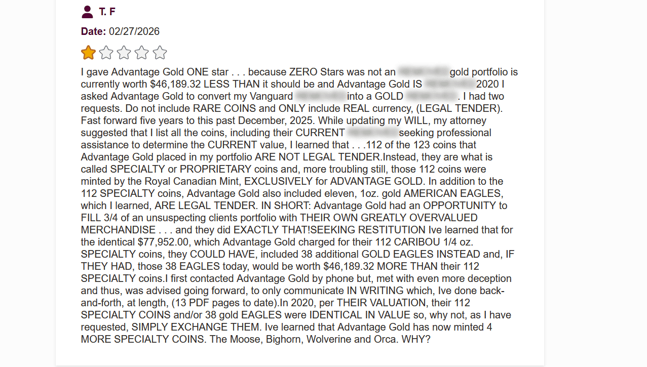 Advantage Gold complaint and negative review about the company's deceptive behavior.