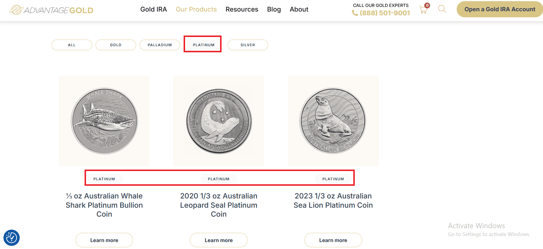 Advantage Gold sells pure-platinum coins and bars.