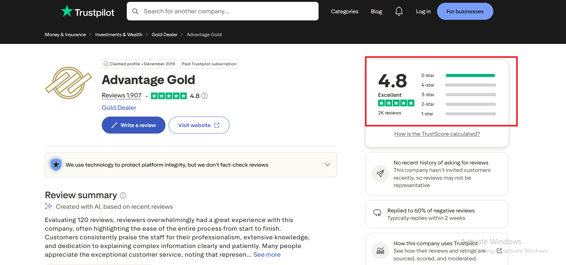Advantage Gold's Trustpilot profile and score.