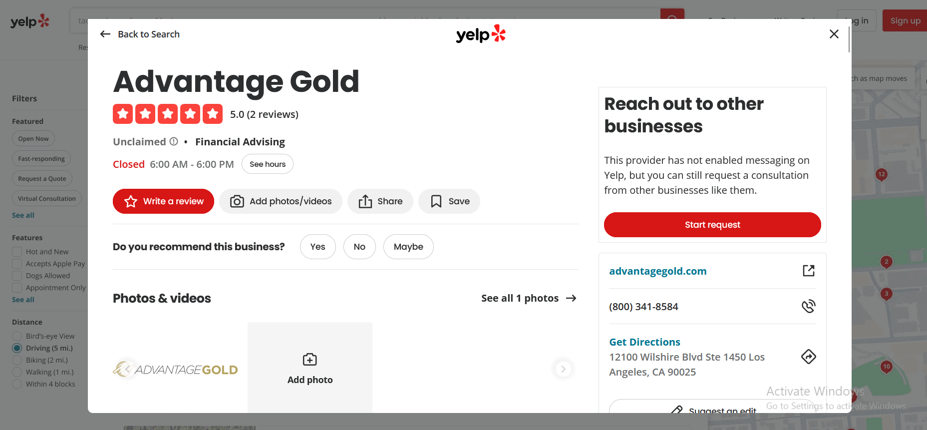Advantage Gold's Yelp profile and customer reviews/ratings.