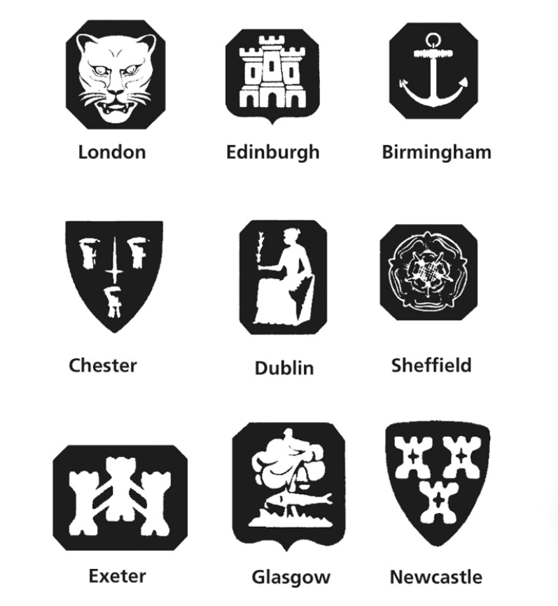 Chart denoting different city British silver hallmarks. Chart denoting different city British silver hallmarks.
