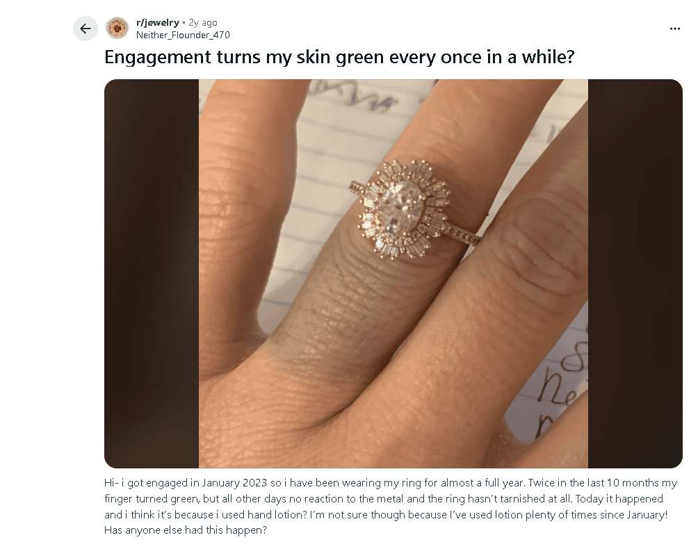 Gold ring turned human finger skin green Gold ring turned human finger skin green