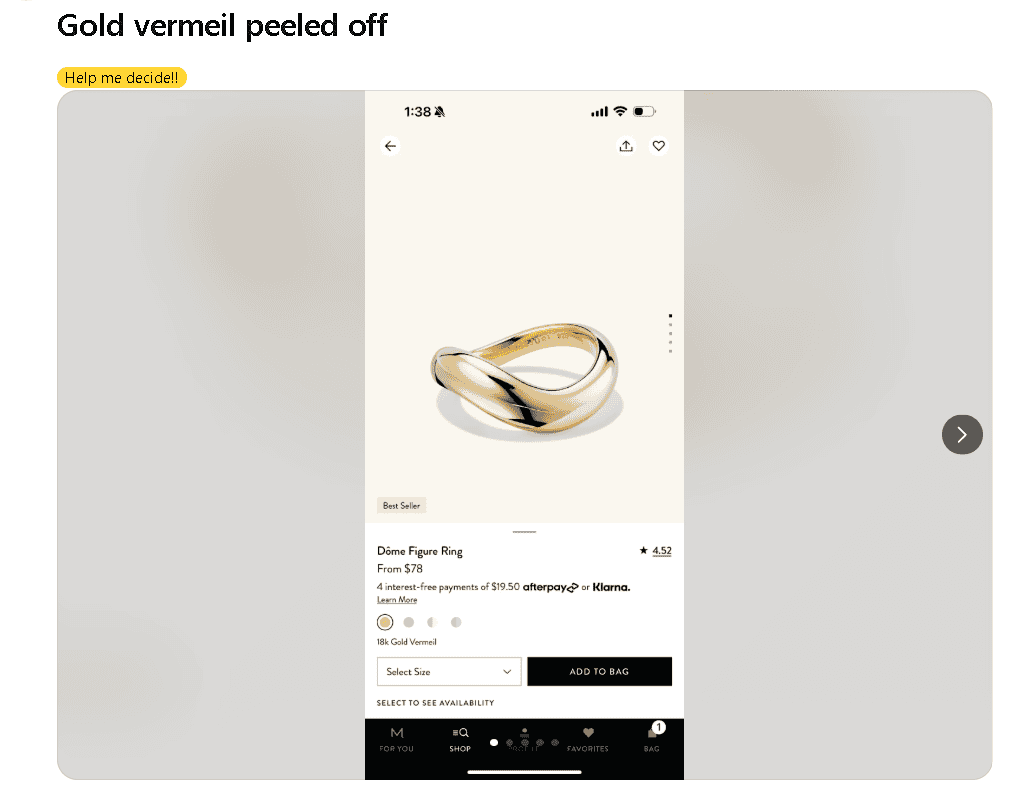 Gold vermeil layer stripped by water and chemicals (example)