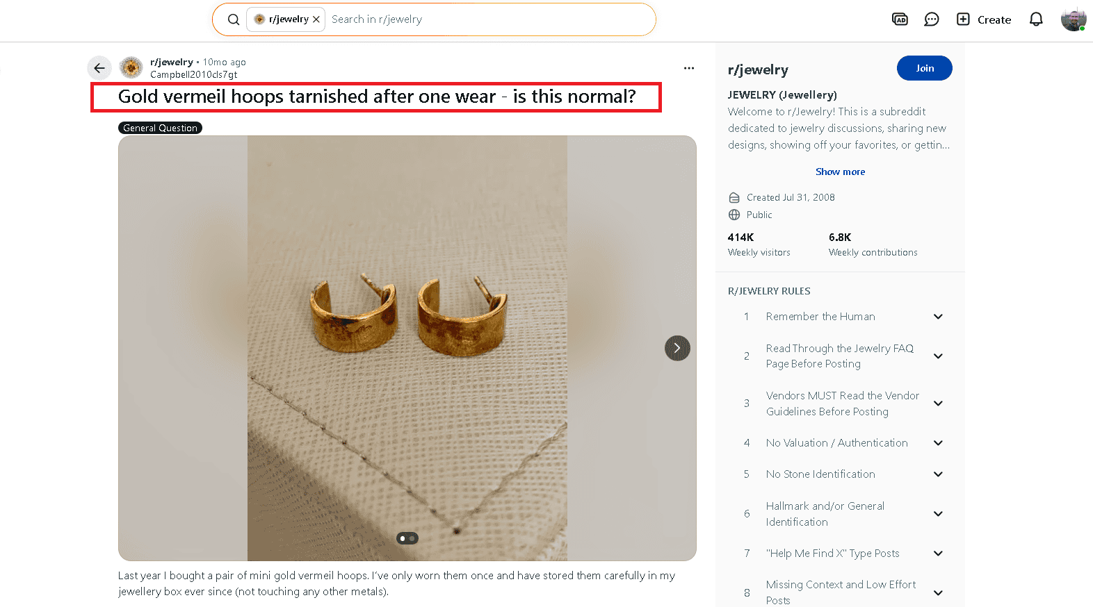 An example of gold vermeil hoops tarnished after one year from Reddit