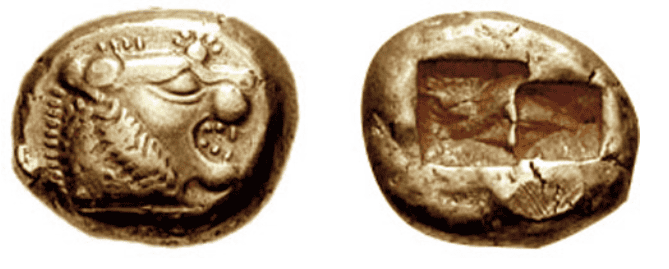 Lydian gold coins made from electrum (natural green gold)