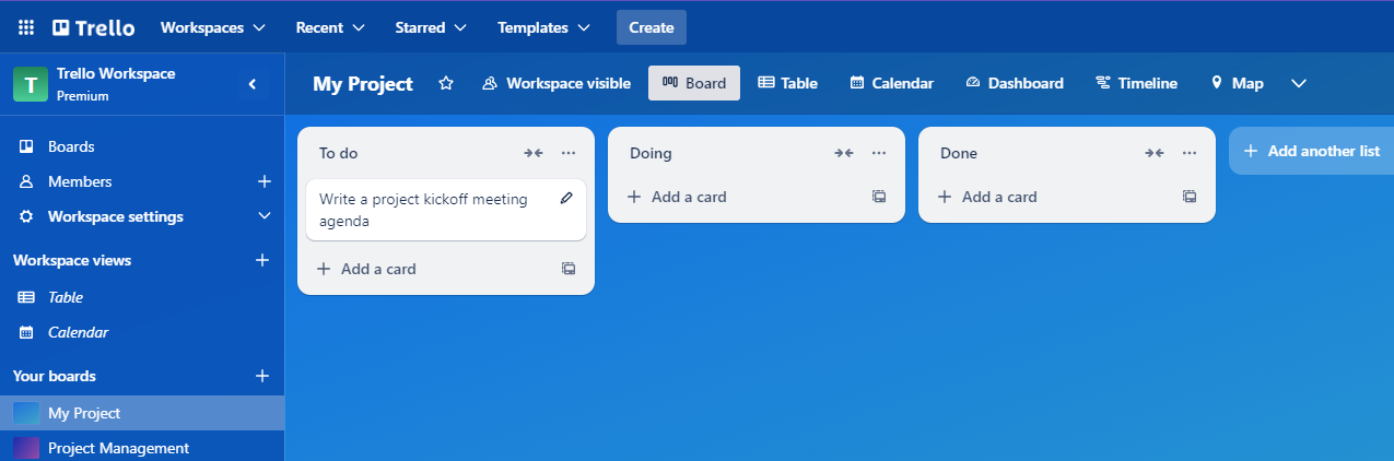Trello Kanban board showing To Do, Doing, and Done lists

