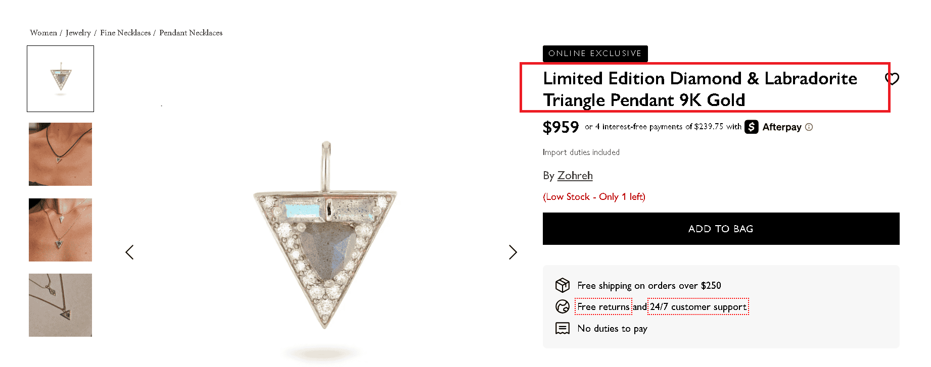 9k gold triangle pendant example.