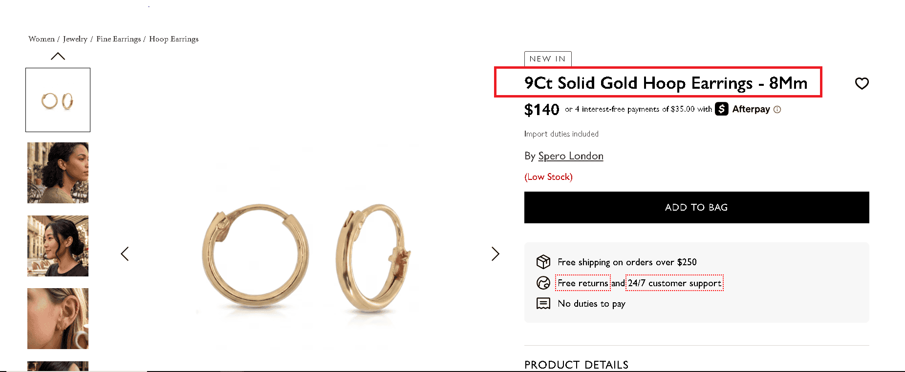 9k gold solid hoop earrings.