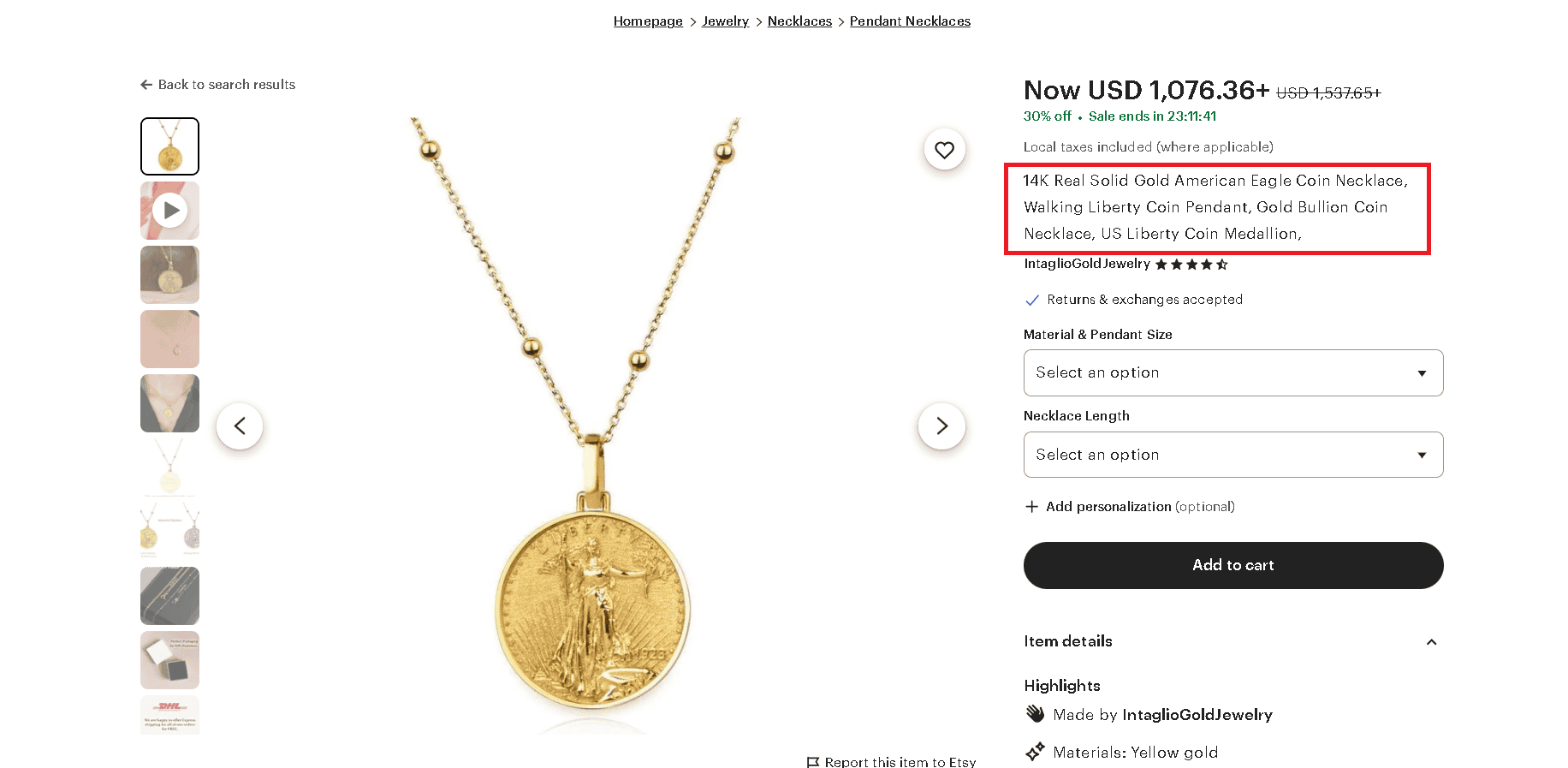 American Gold Eagle pendant from Etsy 1