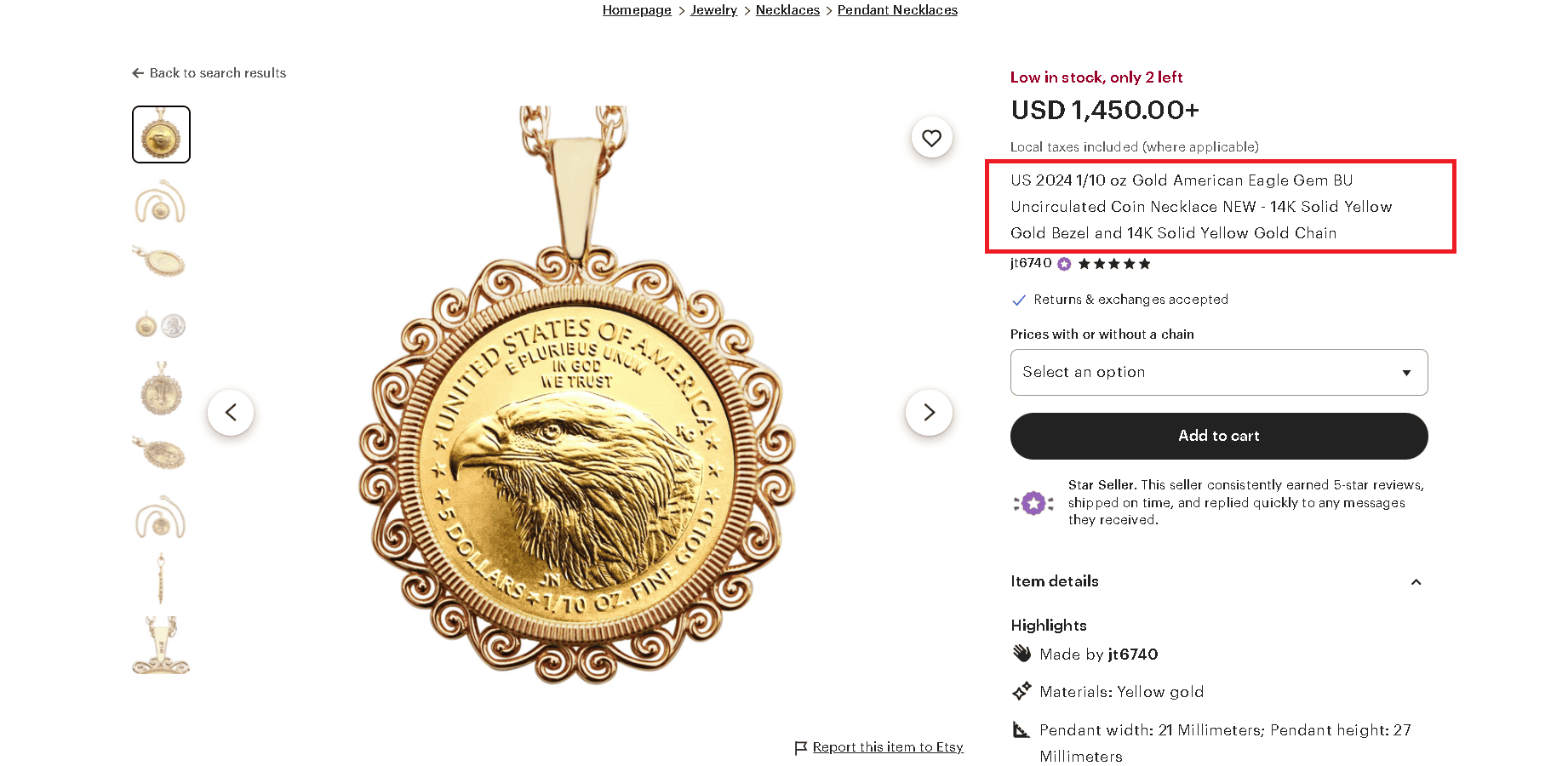 American Gold Eagle pendant from Etsy 2