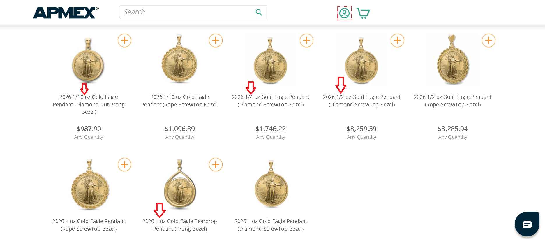 APMEX offers American Gold Eagle pendants in 1 oz, ½ oz, ¼ oz, and 1/10 oz variants.