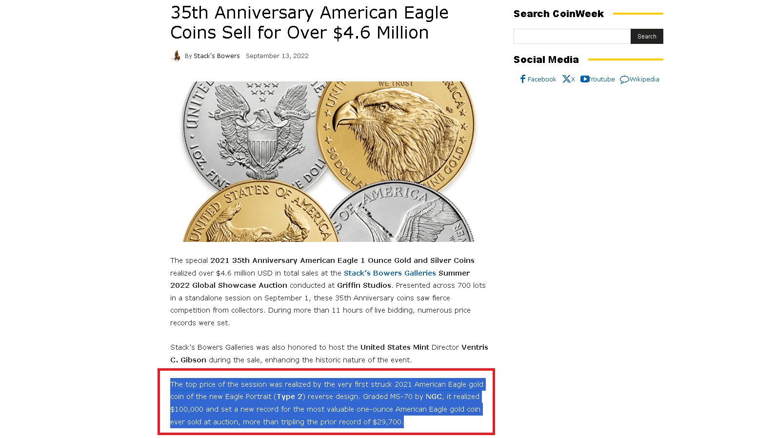 American Gold Eagle coin sold for $100,000 at an auction. 