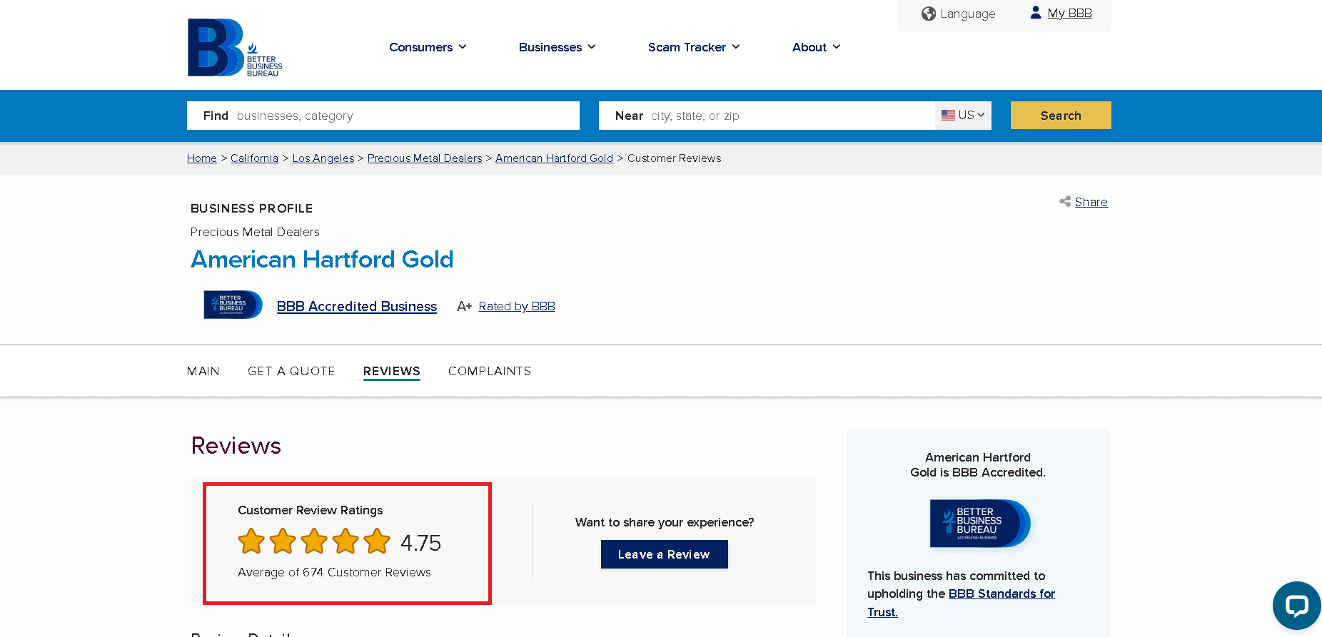 American Hartford Gold BBB profile and customer reviews and ratings