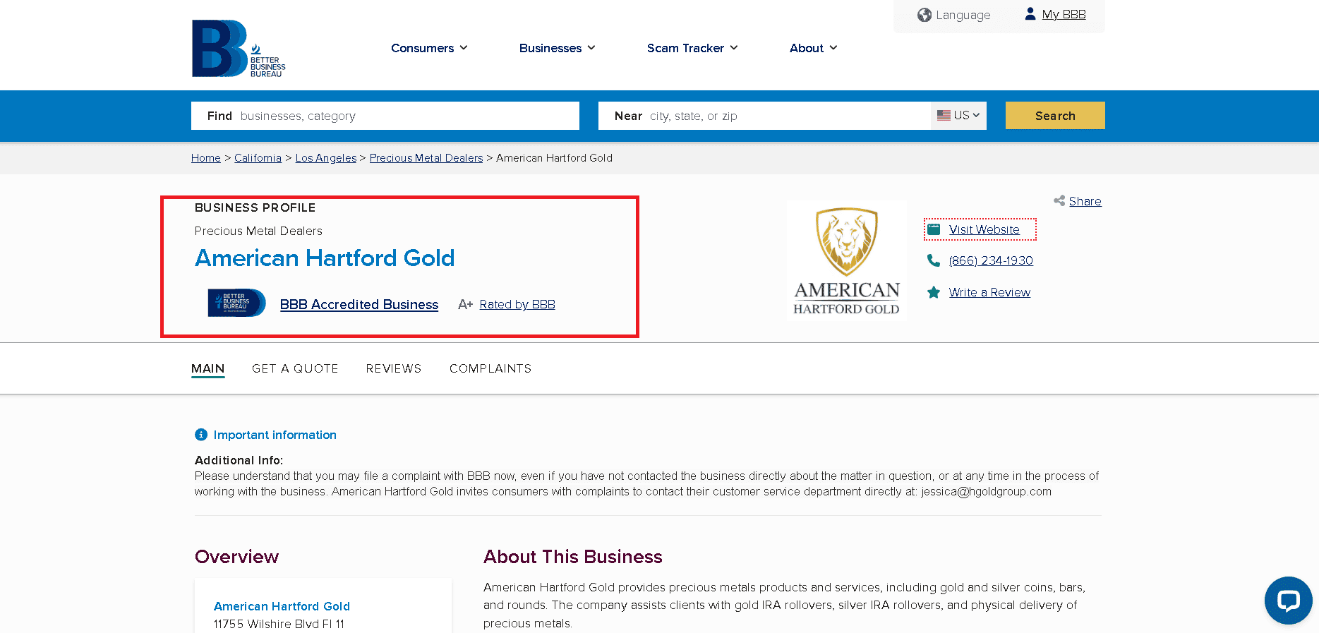 American Hartford Gold Group BBB profile
