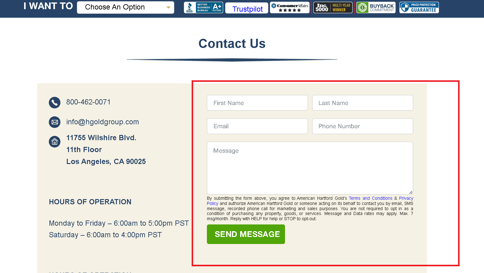 You can contact American Hartford Gold Group via their contact form