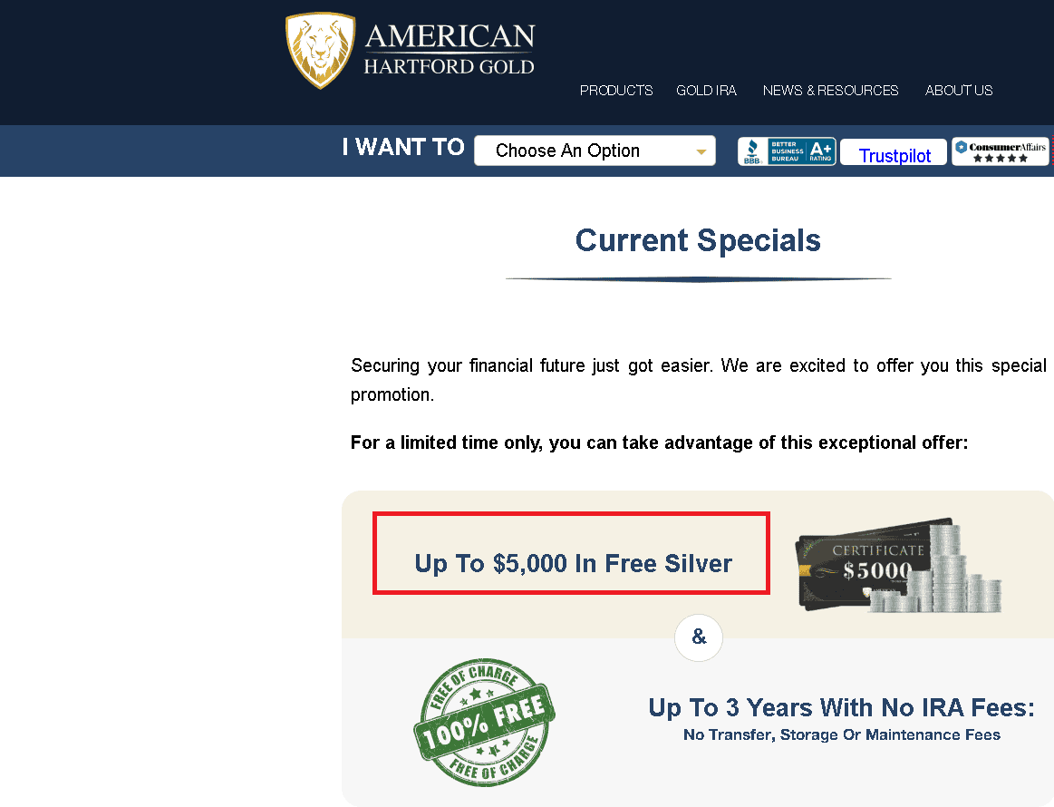 American Hartford Gold free silver offer