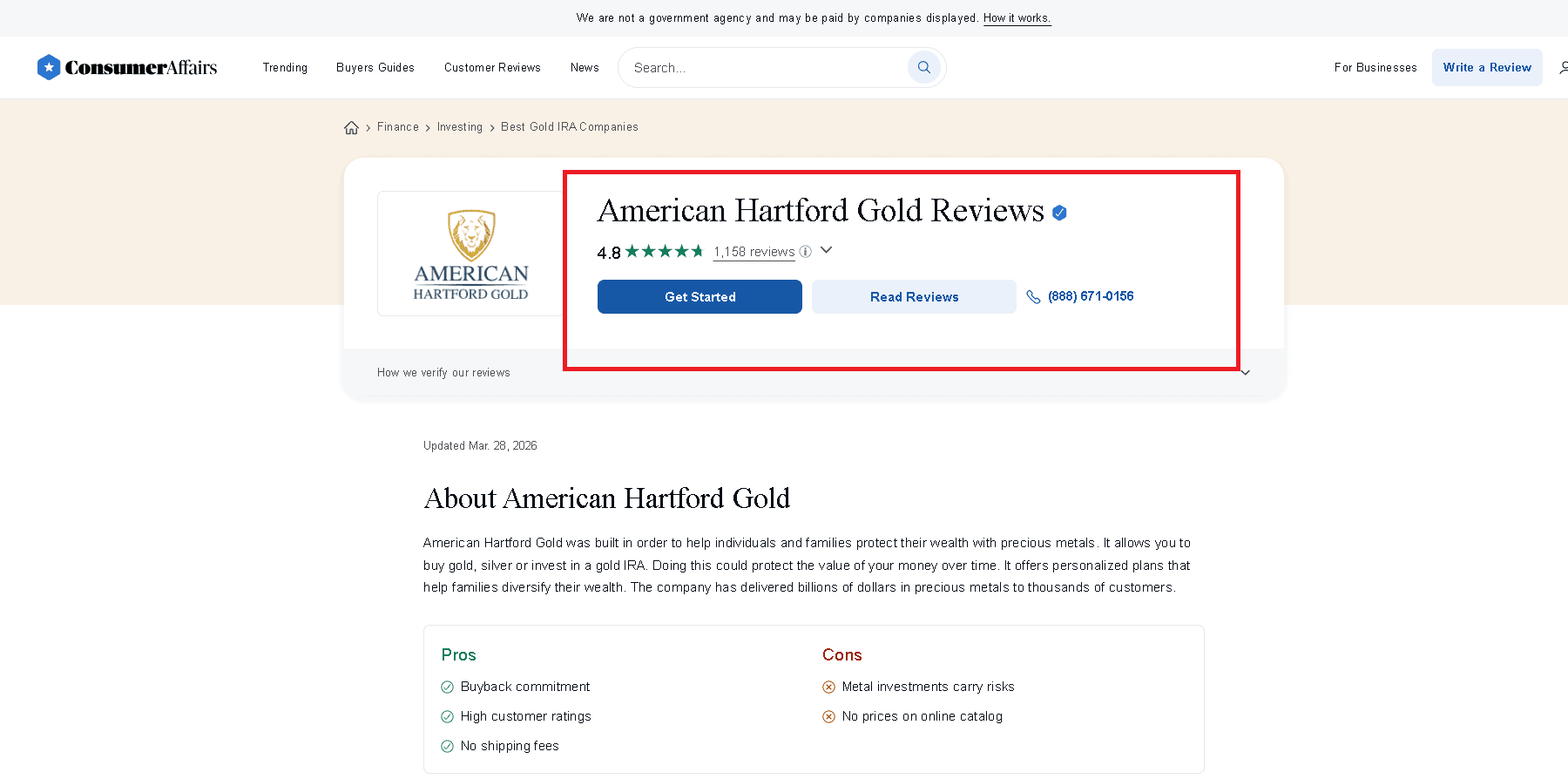 American Hartford Gold Consumer Affairs profile and customer reviews and ratings